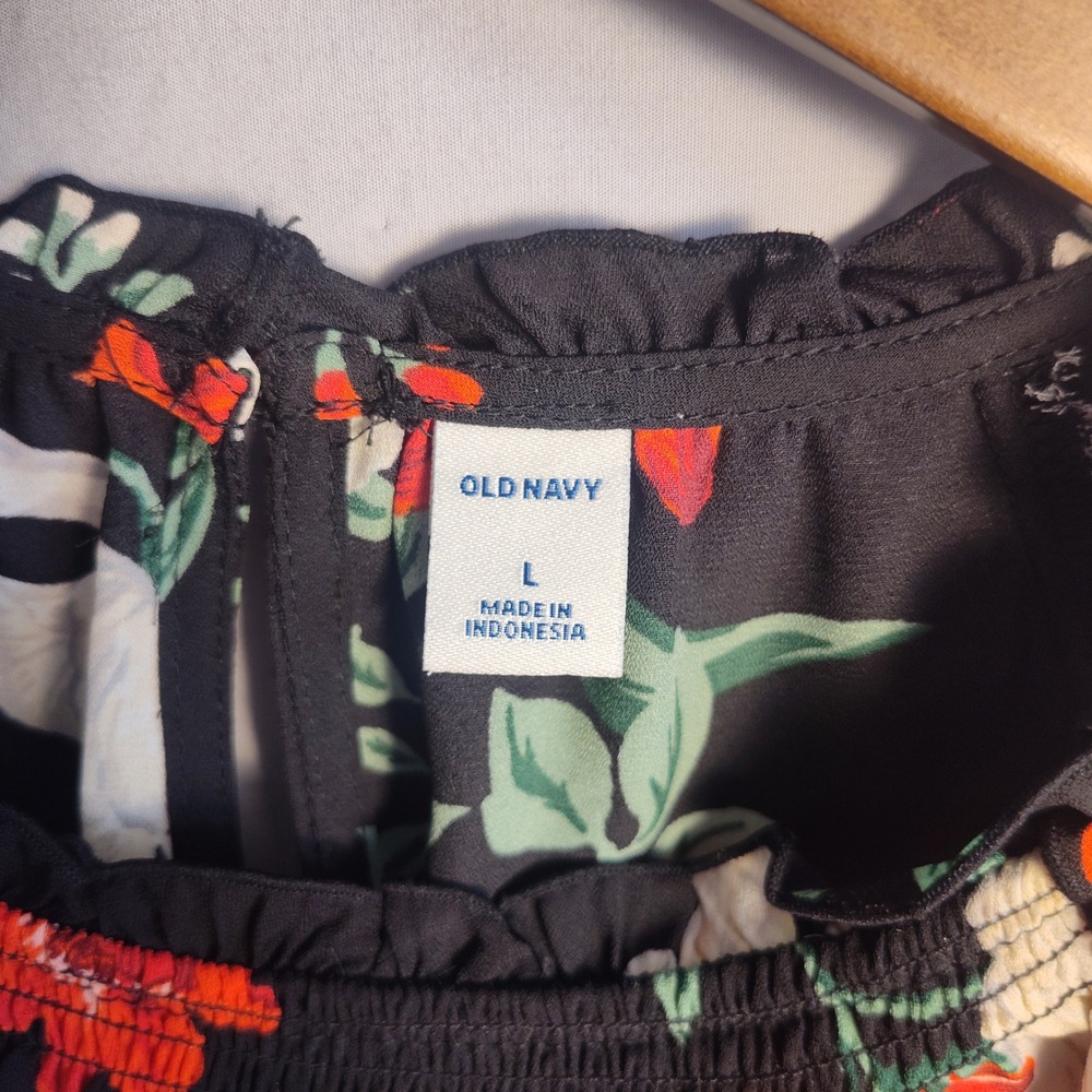 Old Navy Black Floral Smocked Neck Bell Sleeve Blouse Top Large - Picture 3 of 8